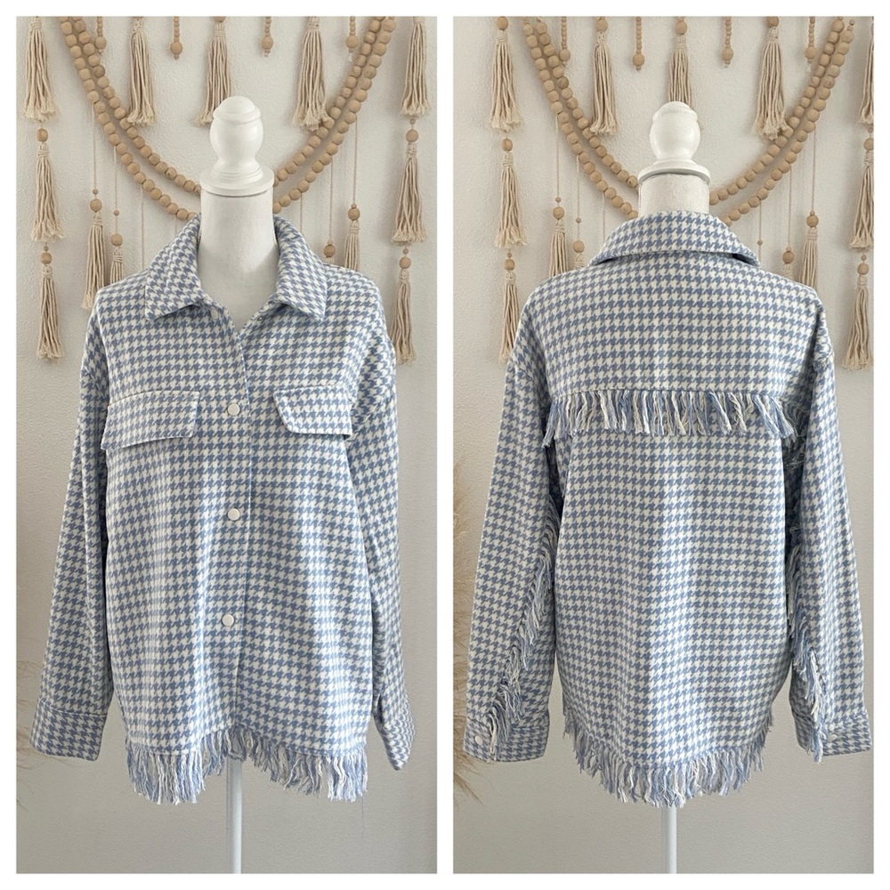 Shero houndstooth fringe jacket baby blue & white oversize shacket coat spring M